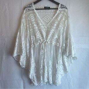 LULUS White Lace Boho Kimono Sleeve Tie-Waist Mini Coverup Embroidered O/S #689